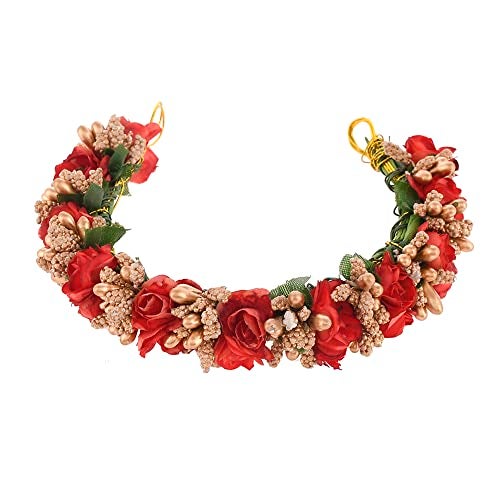 sanjog Women's Multicolour Fabric Flower Handmade Juda Maker Gajra Hair Accessory (Red) - Image 1
