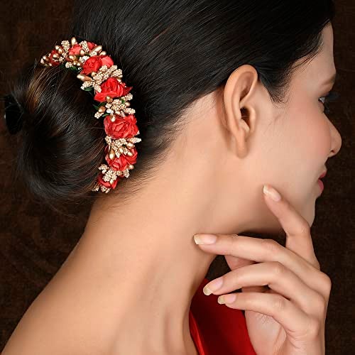 sanjog Women's Multicolour Fabric Flower Handmade Juda Maker Gajra Hair Accessory (Red) - Image 2
