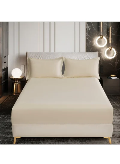 Donetella Bedding Fitted Sheet 2-Pcs Single Size Solid Bed Sheet Set Fits(90x190CM) With Pillowcases And 30 CM Extra Deep Brushed Microfiber Bed Sheet,Beige