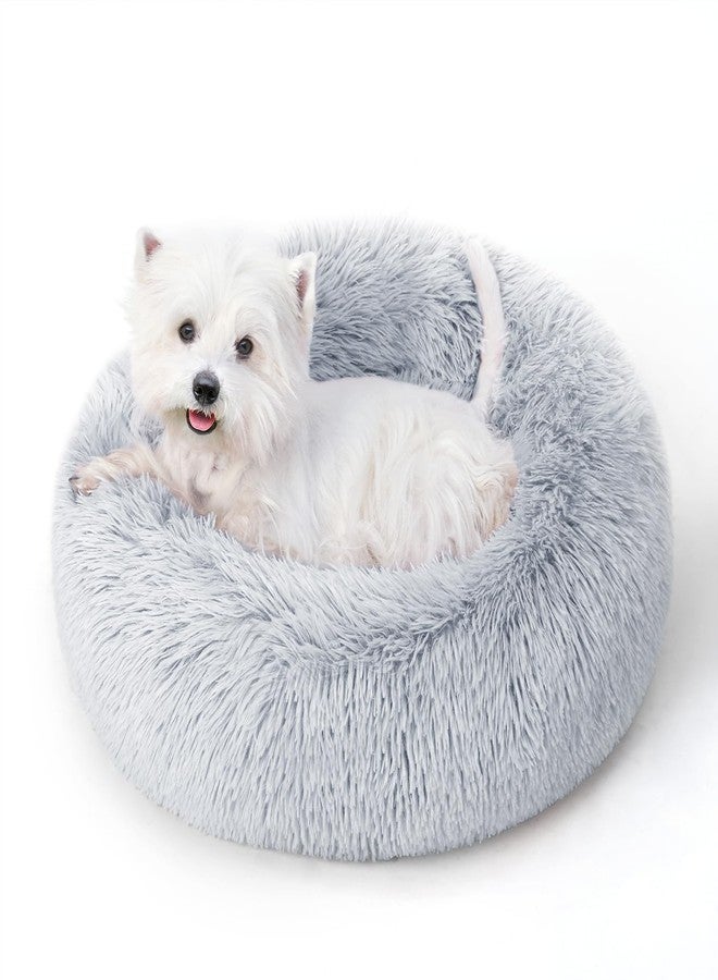 SunStyle Home Calming Round Dog Bed & Cat Bed for Indoor Cats, Medium Size Washable Anti-Slip Anti-Anxiety Donut Dog Beds for Small Dogs & Cats, Fluffy Plush Soft Dog Bed(20 Inch, Light Grey) - Image 1