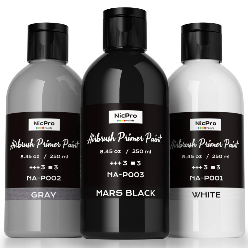 Nicpro Black, Gray, White Surface Primer Airbrush Paint (8.4oz, 250 ml), Matte Finish, Ready To Spray Air Brush Acrylic Primer for Beginners & Artists Priming Plastic Models, Miniature Figures, Craft - Image 1