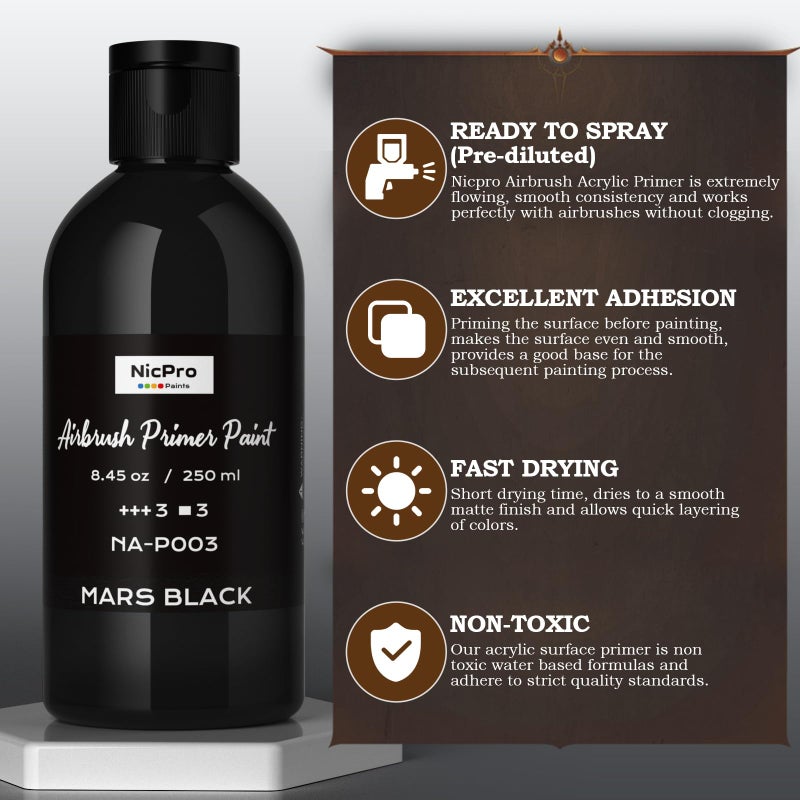Nicpro Black, Gray, White Surface Primer Airbrush Paint (8.4oz, 250 ml), Matte Finish, Ready To Spray Air Brush Acrylic Primer for Beginners & Artists Priming Plastic Models, Miniature Figures, Craft - Image 5