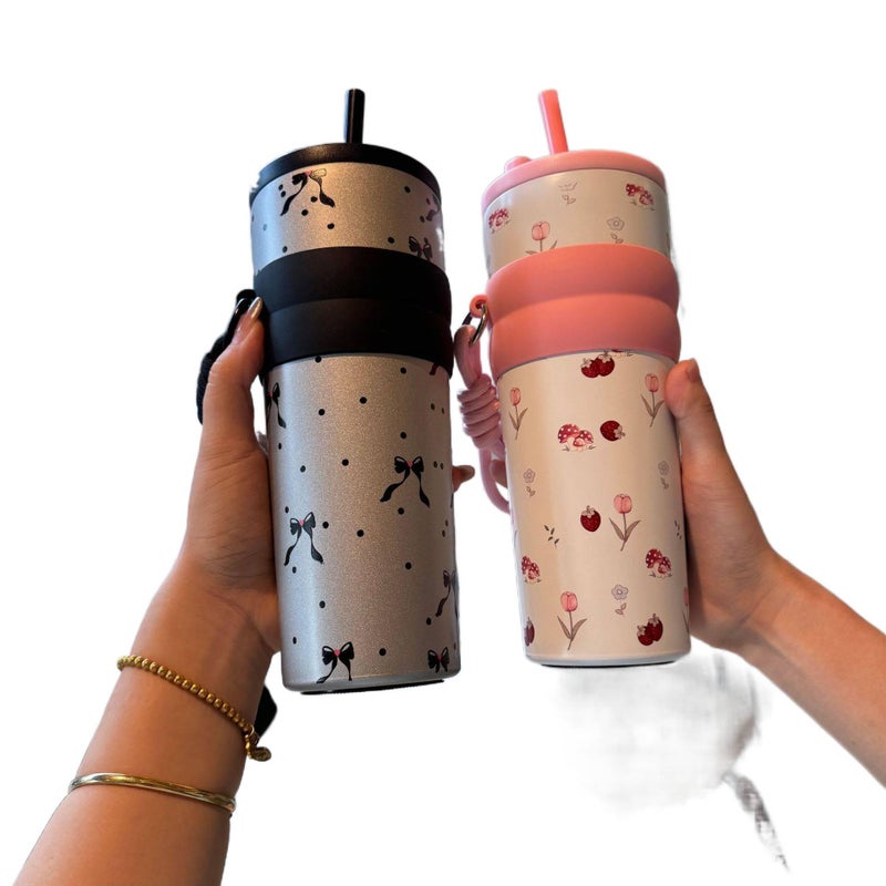 710 ml Stainless Steel Coffee Mug Straw Lid with Carry Handle - Image 2