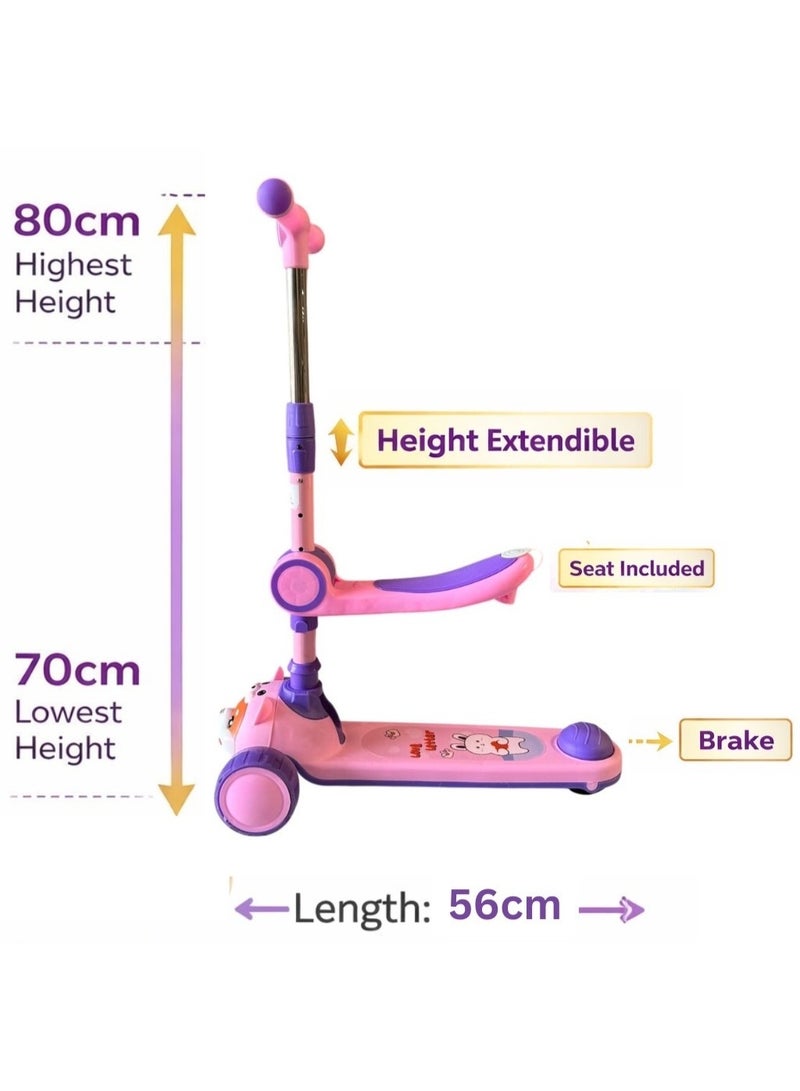 Kids 3-Wheel Scooter with Seat, LED Lights & Music, Adjustable Height, Easy Steering, Rear Brake, Pink/Purple, 56 cm - Image 3