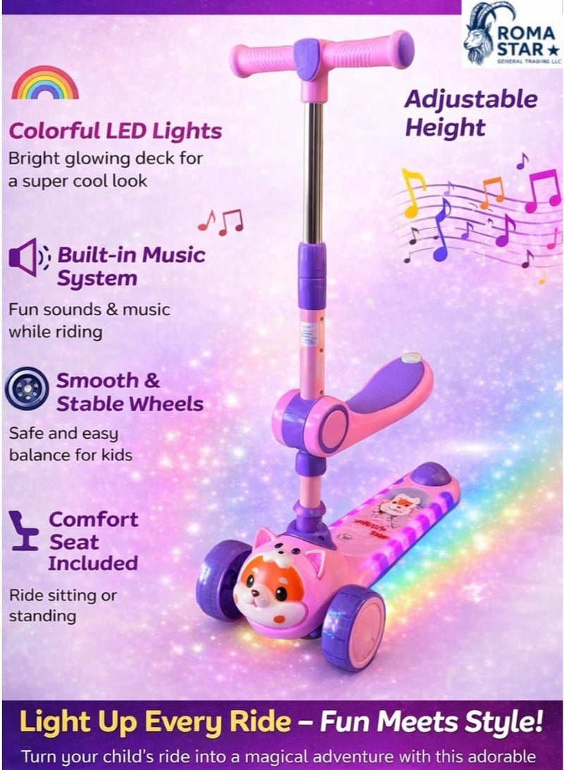 Kids 3-Wheel Scooter with Seat, LED Lights & Music, Adjustable Height, Easy Steering, Rear Brake, Pink/Purple, 56 cm - Image 2