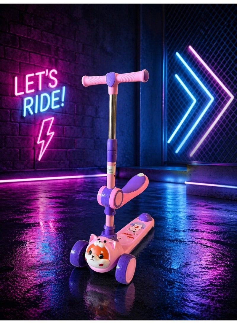 Kids 3-Wheel Scooter with Seat, LED Lights & Music, Adjustable Height, Easy Steering, Rear Brake, Pink/Purple, 56 cm - Image 1