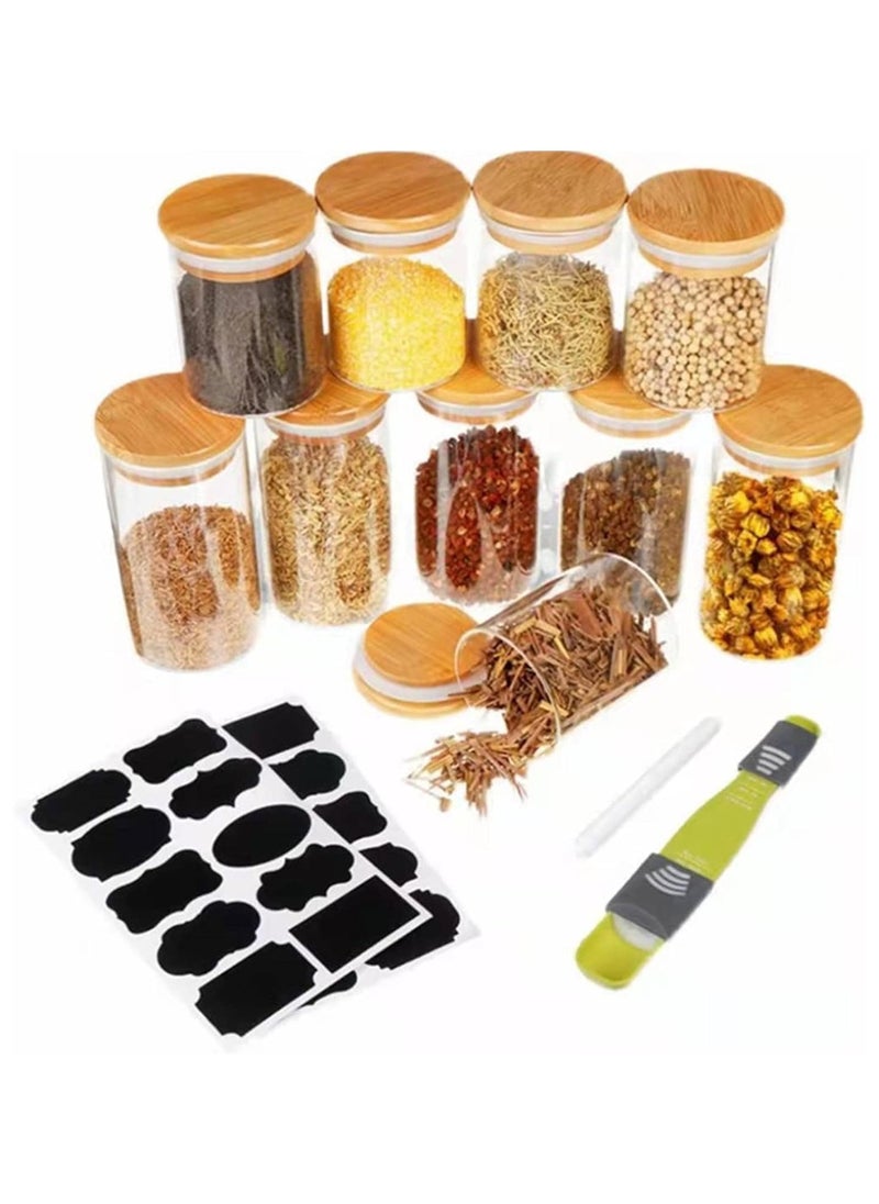 Generic - 10Pcs Glass Spice Jars, 8oz(220ml)/12oz(340ml) Empty Round Spice Container, Glass Food Storage Containers Jars with Bamboo Lids Measuring Spoon for Kitchen - Image 1