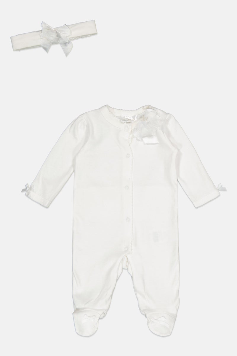 Rock-A-Bye Baby Boutique Toddlers Girl 2 Pcs Plain Romper Set With Headband, White  - Image 2