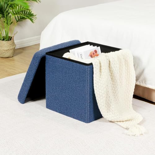 Decor & More Wood Ottoman Cube,38 * 38 * 38 Cm Foldable Storage Box,Footrest Ottoman with Storage Step Stool,Padded Seat with Pocket,Foldable Table for Bedroom,Set of 1 Blue - Image 1