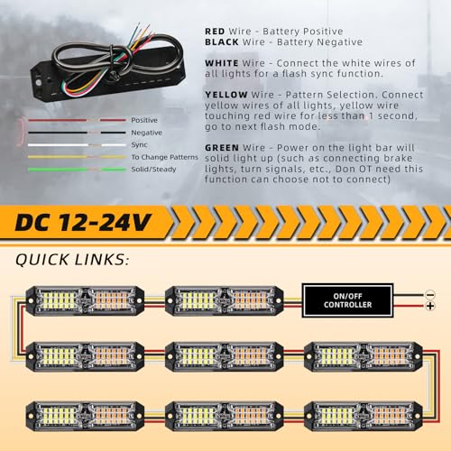 ELECHOI 8-pcs Ultra Slim Amber White LED Emergency Flashing Warning Strobe Lights, Sync Feature Surface-Mount Beacon Hazard Light for Vehicles, Trucks, and Cars - Image 5