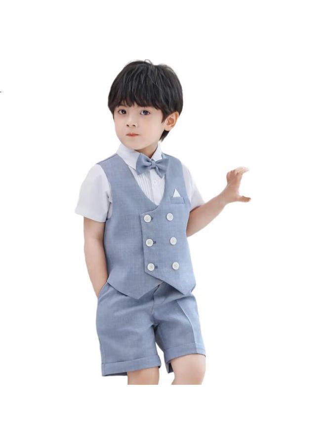 LUOBOBEIBEI Boys' Suit, Summer Short-Sleeve Children'S Vest Set, Children'S Day Performance Outfit, Gray-Blue Four-Piece Set, Size 140 - Image 1