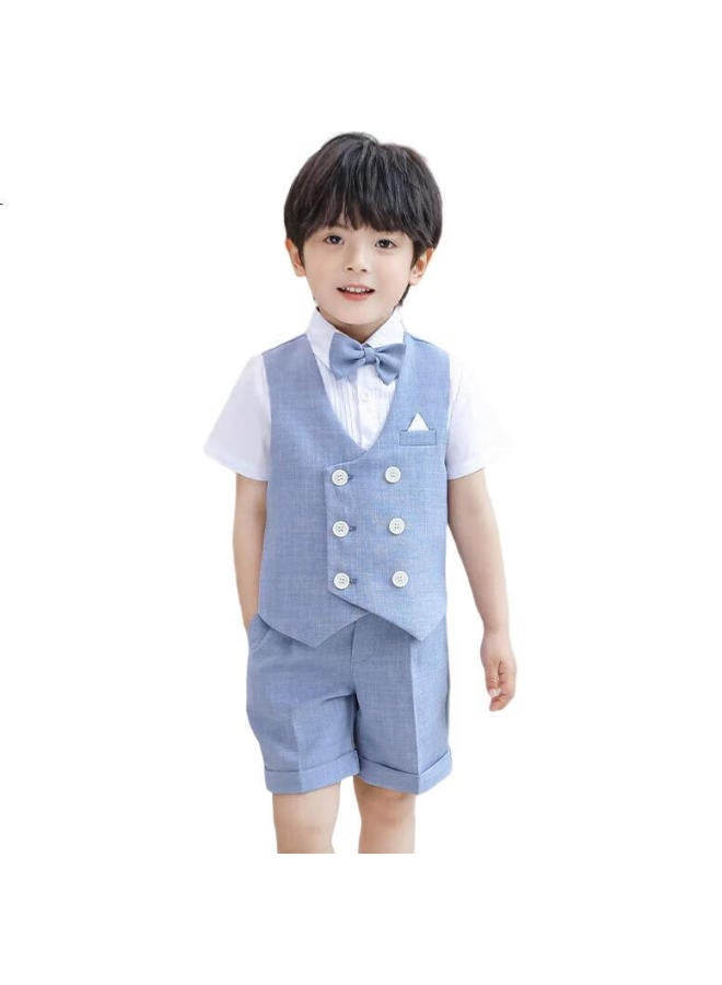 LUOBOBEIBEI Boys' Suit, Summer Short-Sleeve Children'S Vest Set, Children'S Day Performance Outfit, Gray-Blue Four-Piece Set, Size 140 - Image 3