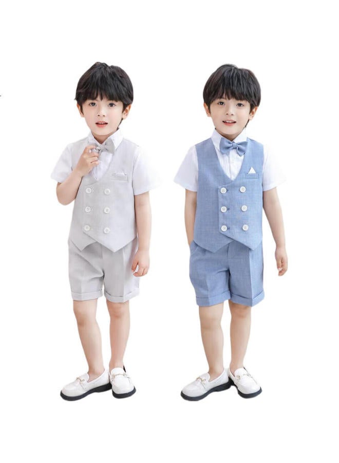 LUOBOBEIBEI Boys' Suit, Summer Short-Sleeve Children'S Vest Set, Children'S Day Performance Outfit, Gray-Blue Four-Piece Set, Size 140 - Image 2