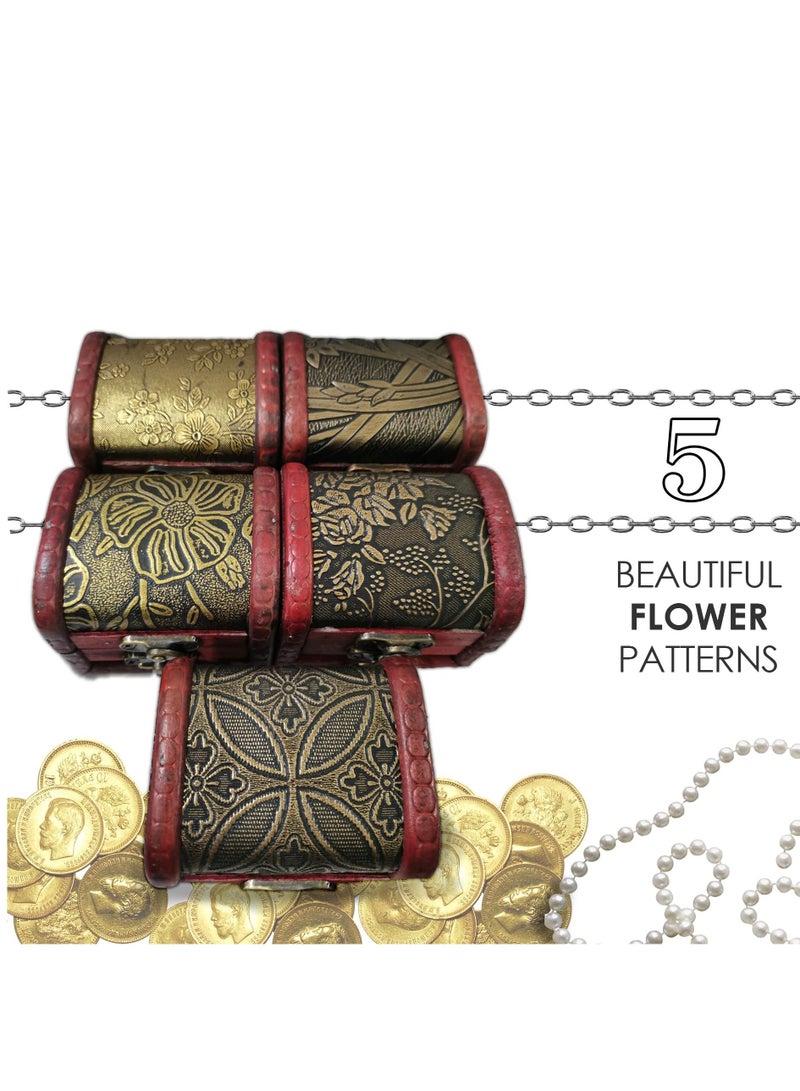 SYOSI Vintage Small Jewelry Boxes, 5 Piece Set of Small Treasure Boxes Antique Design Wooden Storage Boxes with Metal Locks Treasure Organizer Gift Box Hinges and Latches for Crafts(Different Patterns) - Image 5