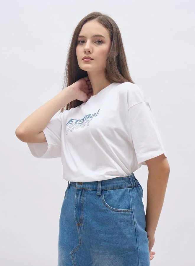Styli Styli Women White Slogan Print Short Sleeve Oversized T-Shirt
