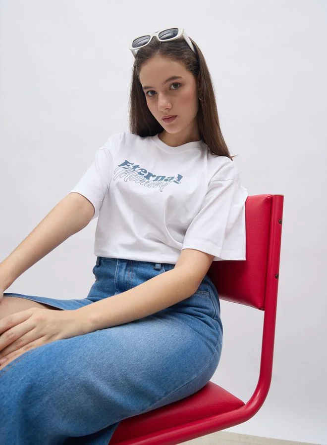 Styli Styli Women White Slogan Print Short Sleeve Oversized T-Shirt
