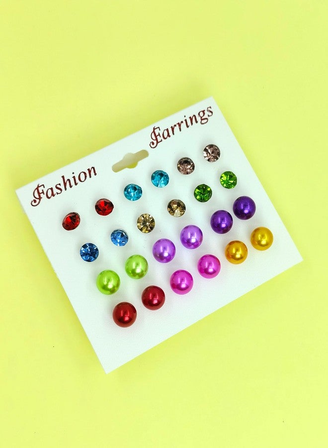 Shivarth 12Pairs/Set Pearl Stud Earring Round Ball Small Multicolor Pearl Rhinestone Earring for Kids Girls Latest Stylish Stud-Tops Korean Kaan Ke Tops Causal & Daily Use Earrings for Women & Girls - Image 2