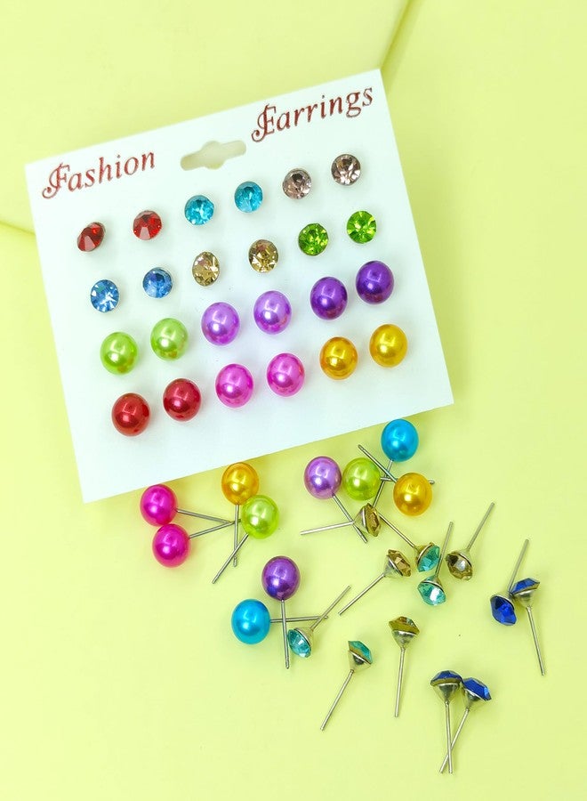 Shivarth 12Pairs/Set Pearl Stud Earring Round Ball Small Multicolor Pearl Rhinestone Earring for Kids Girls Latest Stylish Stud-Tops Korean Kaan Ke Tops Causal & Daily Use Earrings for Women & Girls - Image 4