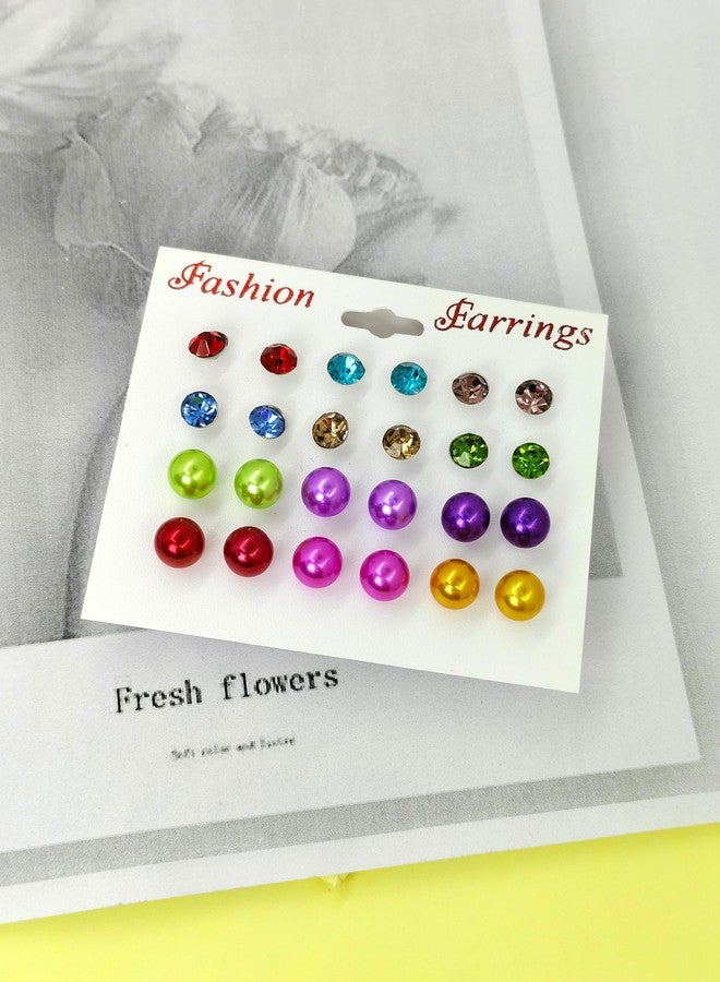 Shivarth 12Pairs/Set Pearl Stud Earring Round Ball Small Multicolor Pearl Rhinestone Earring for Kids Girls Latest Stylish Stud-Tops Korean Kaan Ke Tops Causal & Daily Use Earrings for Women & Girls - Image 5