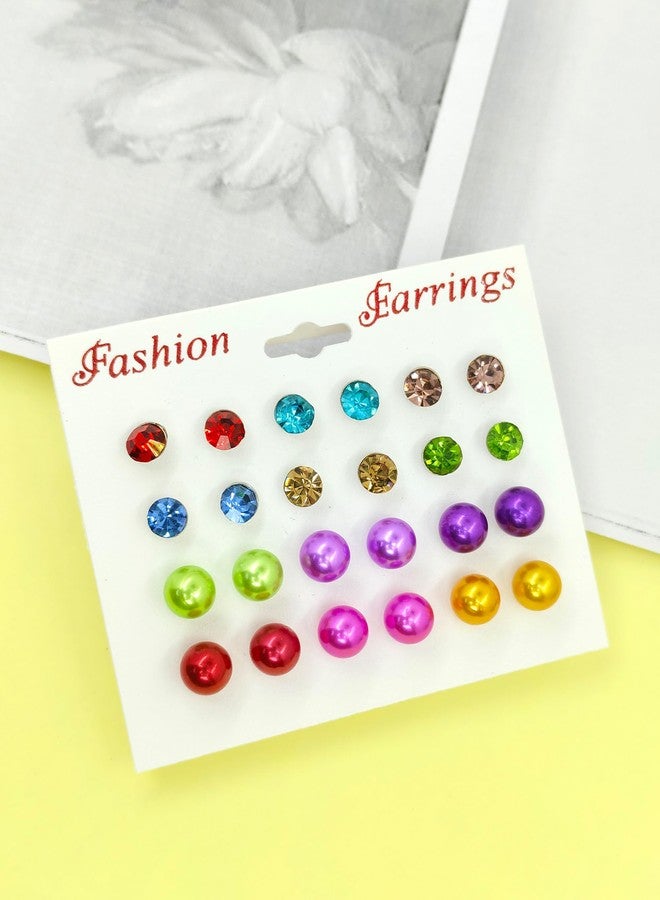 Shivarth 12Pairs/Set Pearl Stud Earring Round Ball Small Multicolor Pearl Rhinestone Earring for Kids Girls Latest Stylish Stud-Tops Korean Kaan Ke Tops Causal & Daily Use Earrings for Women & Girls - Image 3