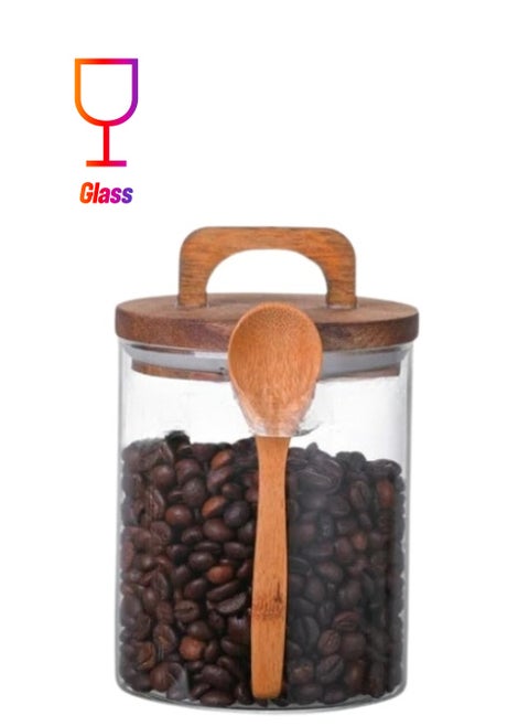 Liying Borosilicate Round Glass Jars with Oak Wood Lids and Wooden Spoon, Decorative and Durable (12 * 10.5cm) for Candy, Cookies, Spices, Coffee Beans
