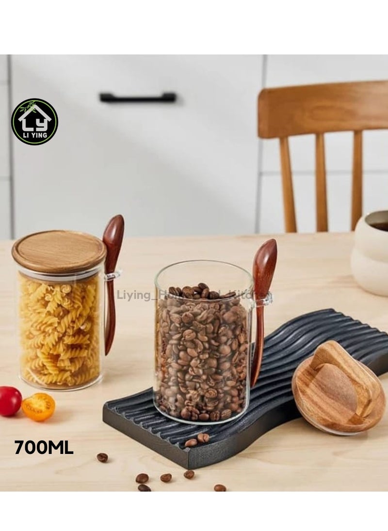 Generic - Liying Borosilicate Round Glass Jars with Oak Wood Lids and Wooden Spoon, Decorative and Durable (12 * 10.5cm) for Candy, Cookies, Spices, Coffee Beans - Image 1