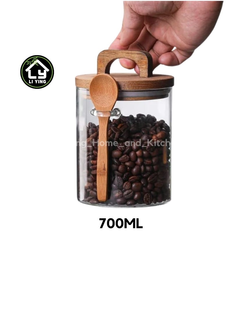 Generic - Liying Borosilicate Round Glass Jars with Oak Wood Lids and Wooden Spoon, Decorative and Durable (12 * 10.5cm) for Candy, Cookies, Spices, Coffee Beans - Image 1