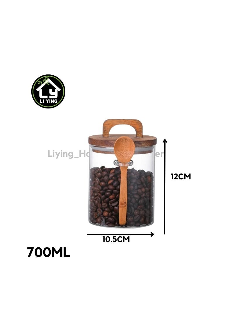 Generic - Liying Borosilicate Round Glass Jars with Oak Wood Lids and Wooden Spoon, Decorative and Durable (12 * 10.5cm) for Candy, Cookies, Spices, Coffee Beans - Image 1