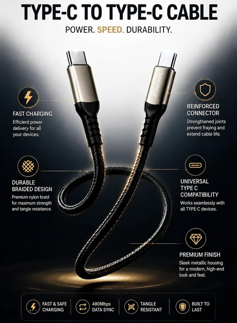 Vierex VC-14 65W USB C to USB C Fast Charging Cable Power Delivery PD Charging Cord Braided Data Cable for Laptops Tablets Smartphones, 1m - Image 4
