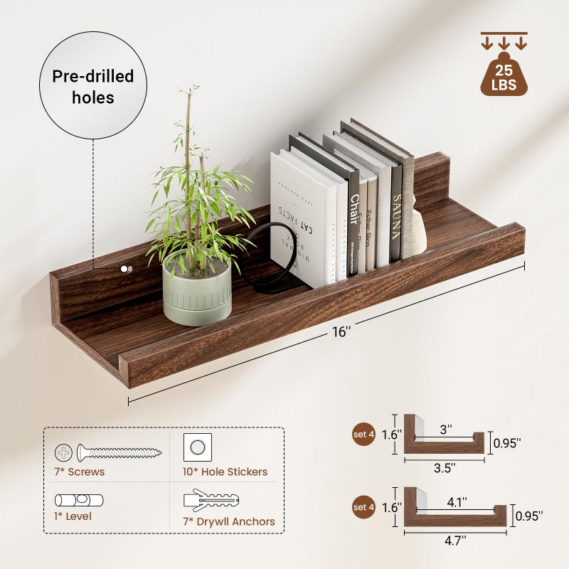 Heimlove 16 Inch Picture Ledge Shelf with Lip Set of 8,Walnut Floating Shelves for Wall,Wall Shelves in Varying Depths for Living Room Bedroom Bookshelf Photo Frames Nursery Book Shelves for Storage - Image 3