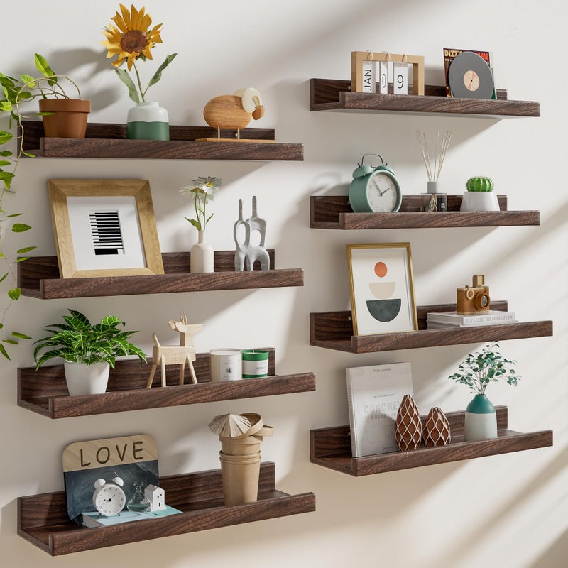Heimlove 16 Inch Picture Ledge Shelf with Lip Set of 8,Walnut Floating Shelves for Wall,Wall Shelves in Varying Depths for Living Room Bedroom Bookshelf Photo Frames Nursery Book Shelves for Storage - Image 1