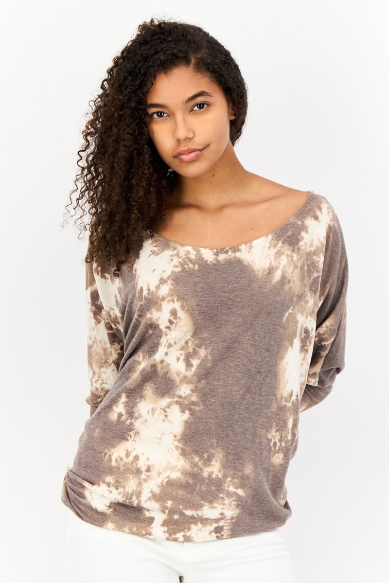 Endless Blu Women Bateau Neck 3/4 Sleeve Tie Dye T-Shirt, Multicolor - Image 1