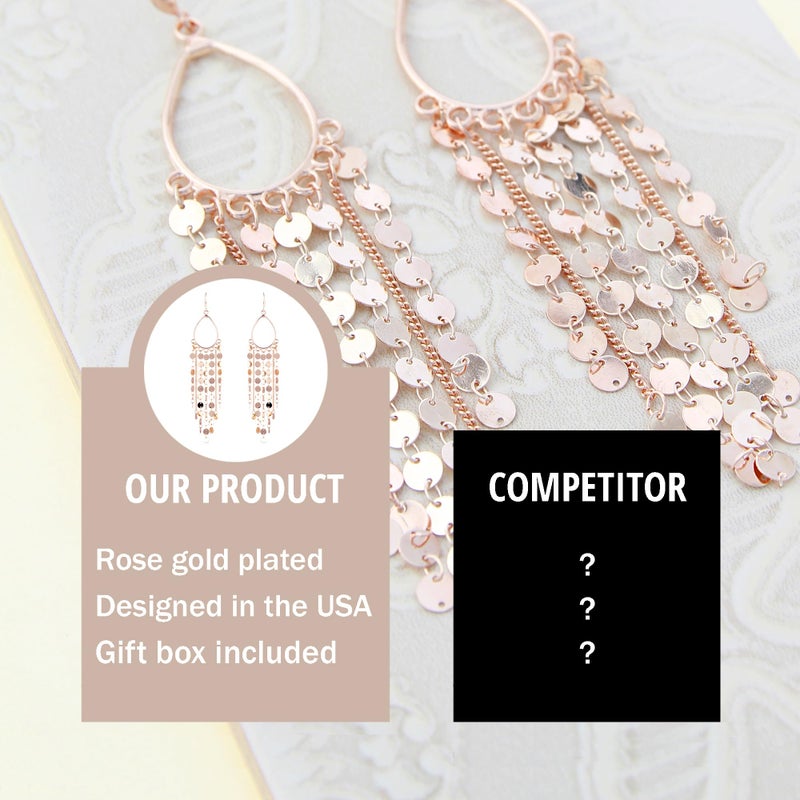 NTLX Bohemian Boho Tassel Dangle Drop Earrings for Women â€“ Lightweight Filigree Gypsy Coin Chandelier Disc Charm Hoops â€“ included Gift Box (Teardrop - Rose Gold) - Image 4