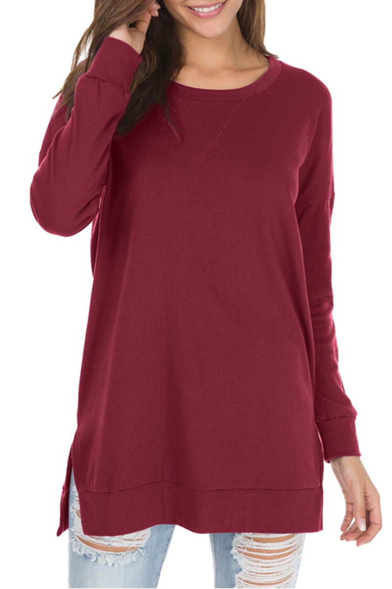 levaca Womens Round Neck Solid Side Split Loose Casual Plus Sweatshirt Wine S - Image 1