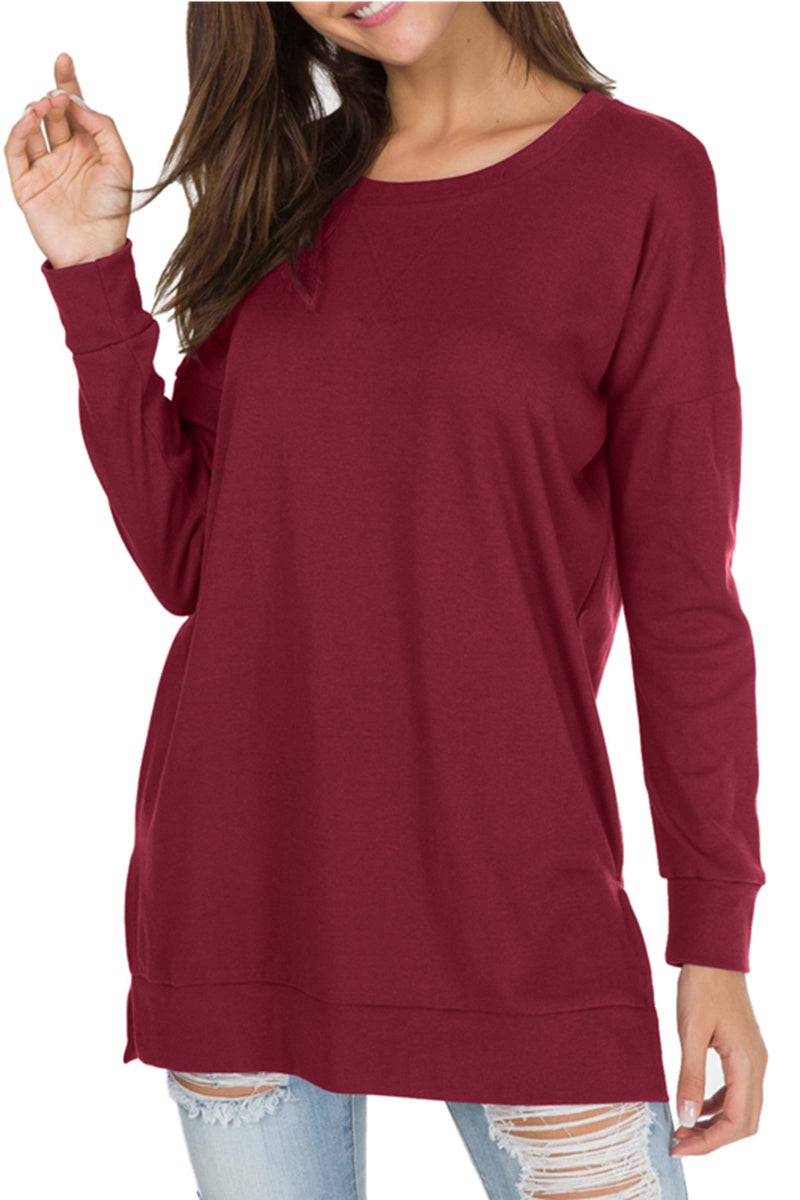 levaca Womens Round Neck Solid Side Split Loose Casual Plus Sweatshirt Wine S - Image 2