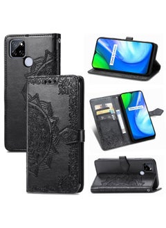 HuHa Case Cover For Realme V3 Mandala Flower Embossed Horizontal Flip Leather Case with Holder & Three Card Slots & Wallet & Lanyard Black 
