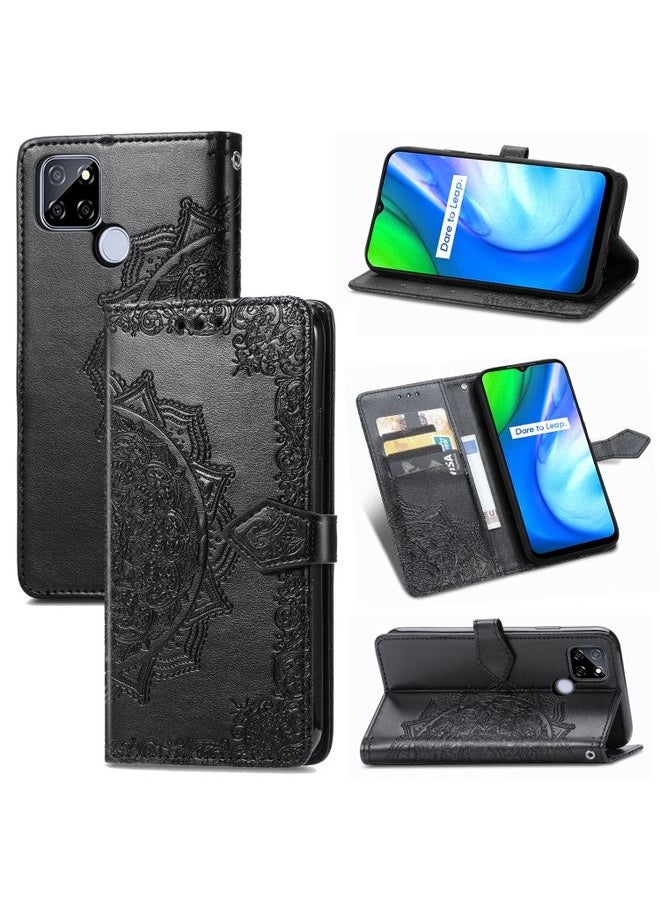 HuHa Case Cover For Realme V3 Mandala Flower Embossed Horizontal Flip Leather Case with Holder & Three Card Slots & Wallet & Lanyard Black 