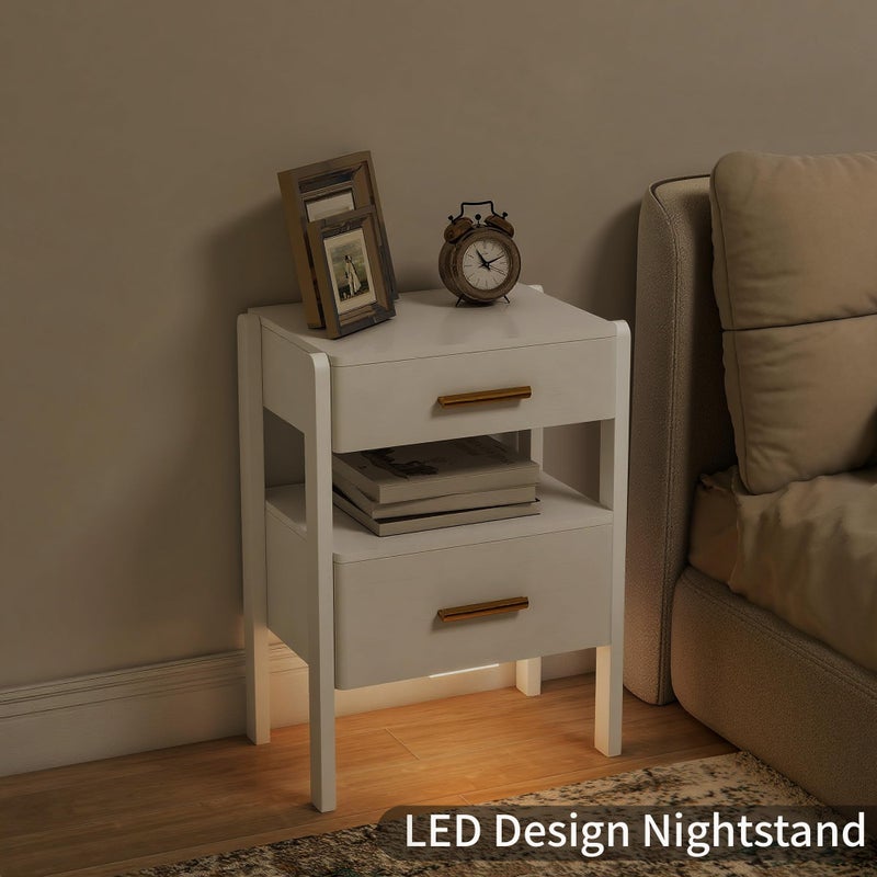 Tltaroni Nightstand with 2 Drawers and Open Shelf Wooden Bedside Table Gold Handles Modern Storage Night Stand Sensor Light for Bedroom, White - Image 3