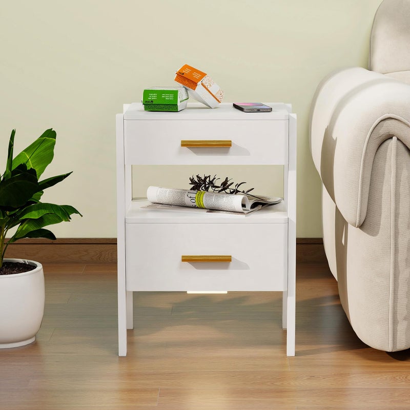 Tltaroni Nightstand with 2 Drawers and Open Shelf Wooden Bedside Table Gold Handles Modern Storage Night Stand Sensor Light for Bedroom, White - Image 5