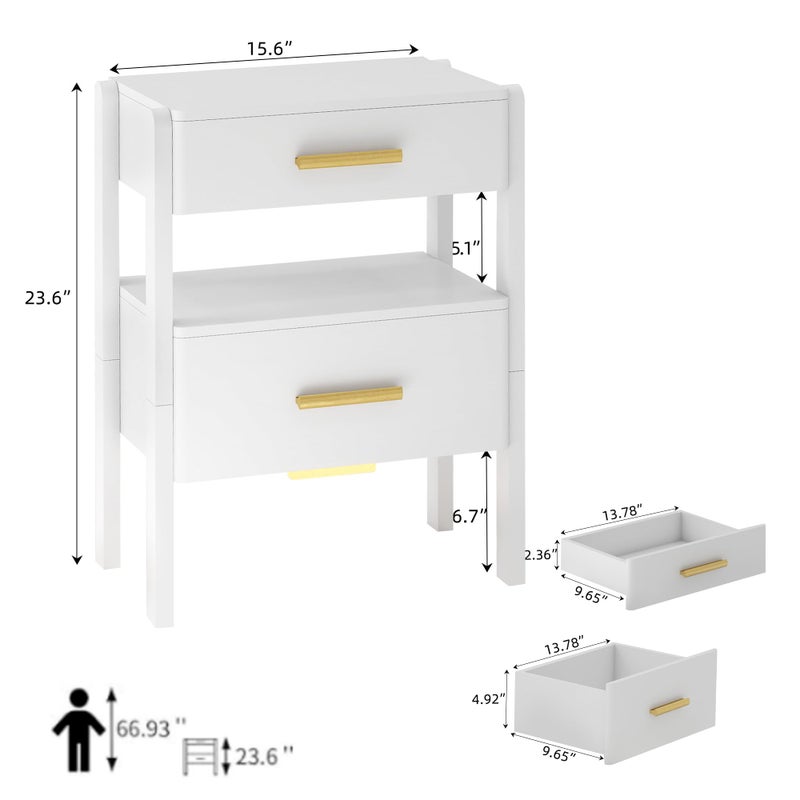 Tltaroni Nightstand with 2 Drawers and Open Shelf Wooden Bedside Table Gold Handles Modern Storage Night Stand Sensor Light for Bedroom, White - Image 2