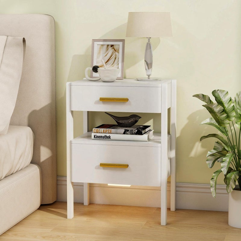 Tltaroni Nightstand with 2 Drawers and Open Shelf Wooden Bedside Table Gold Handles Modern Storage Night Stand Sensor Light for Bedroom, White - Image 1