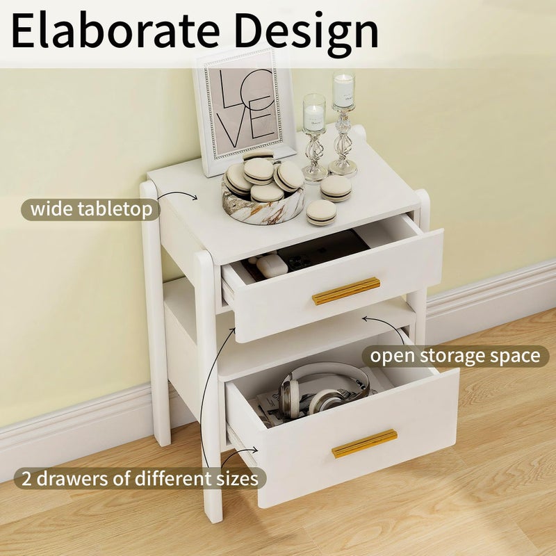 Tltaroni Nightstand with 2 Drawers and Open Shelf Wooden Bedside Table Gold Handles Modern Storage Night Stand Sensor Light for Bedroom, White - Image 4