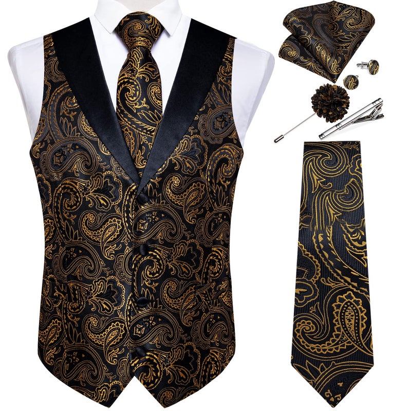 DiBanGu Mens Paisley Suit Vest Silk Jacquard Waistcoat and Necktie Set Formal Shawl Collar Dress Vest 7PCS for Wedding Party, Black and Gold, X-Large - Image 1