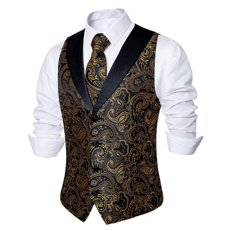 DiBanGu Mens Paisley Suit Vest Silk Jacquard Waistcoat and Necktie Set Formal Shawl Collar Dress Vest 7PCS for Wedding Party, Black and Gold, X-Large - Image 4