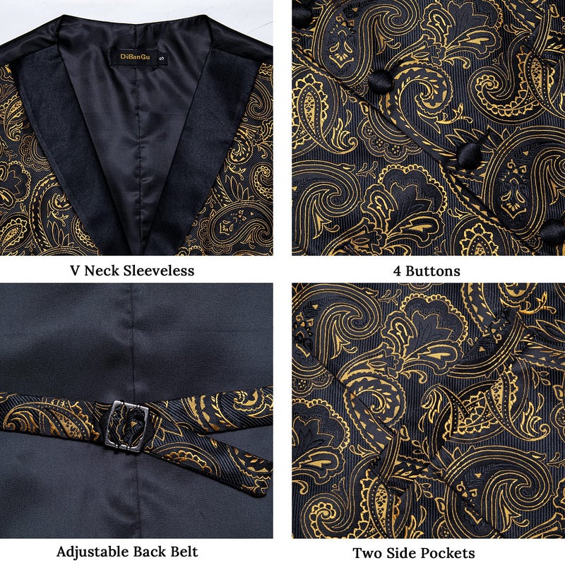 DiBanGu Mens Paisley Suit Vest Silk Jacquard Waistcoat and Necktie Set Formal Shawl Collar Dress Vest 7PCS for Wedding Party, Black and Gold, X-Large - Image 5