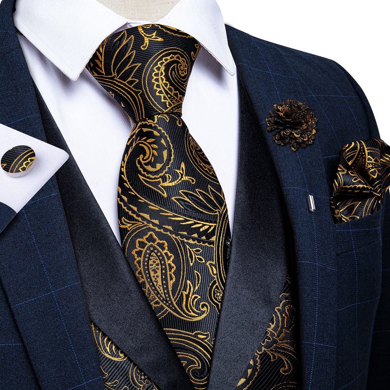 DiBanGu Mens Paisley Suit Vest Silk Jacquard Waistcoat and Necktie Set Formal Shawl Collar Dress Vest 7PCS for Wedding Party, Black and Gold, X-Large - Image 3