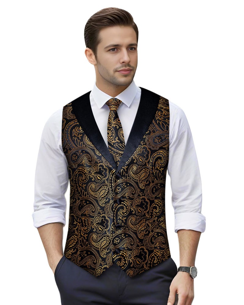 DiBanGu Mens Paisley Suit Vest Silk Jacquard Waistcoat and Necktie Set Formal Shawl Collar Dress Vest 7PCS for Wedding Party, Black and Gold, X-Large - Image 2