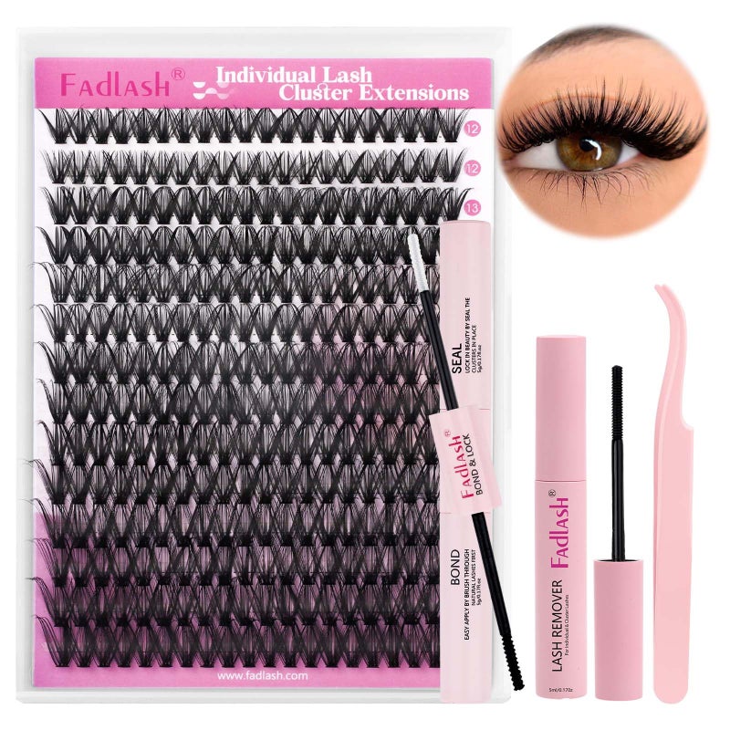 FADLASH DIY Lash Extension Kit Individual Lashes Clusters Lash Bond and Seal Clusters Lash Glue Remover and Eyelash Tweezers for Eyelash Extensions 40D007D 1218mm Kit