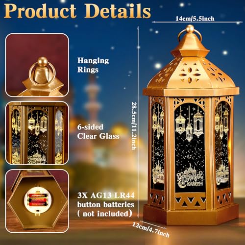 Glooglitter Large Ramadan Decorations for Home 11'' LED Eid Mubarak Candle Lantern Decorative Moon Star Hexagon Ramadan Lantern LED Vintage Metal Hanging Holder for Indoor Outdoor Tabletop Festival Party Decor - Image 2