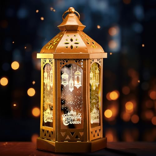 Glooglitter Large Ramadan Decorations for Home 11'' LED Eid Mubarak Candle Lantern Decorative Moon Star Hexagon Ramadan Lantern LED Vintage Metal Hanging Holder for Indoor Outdoor Tabletop Festival Party Decor - Image 1